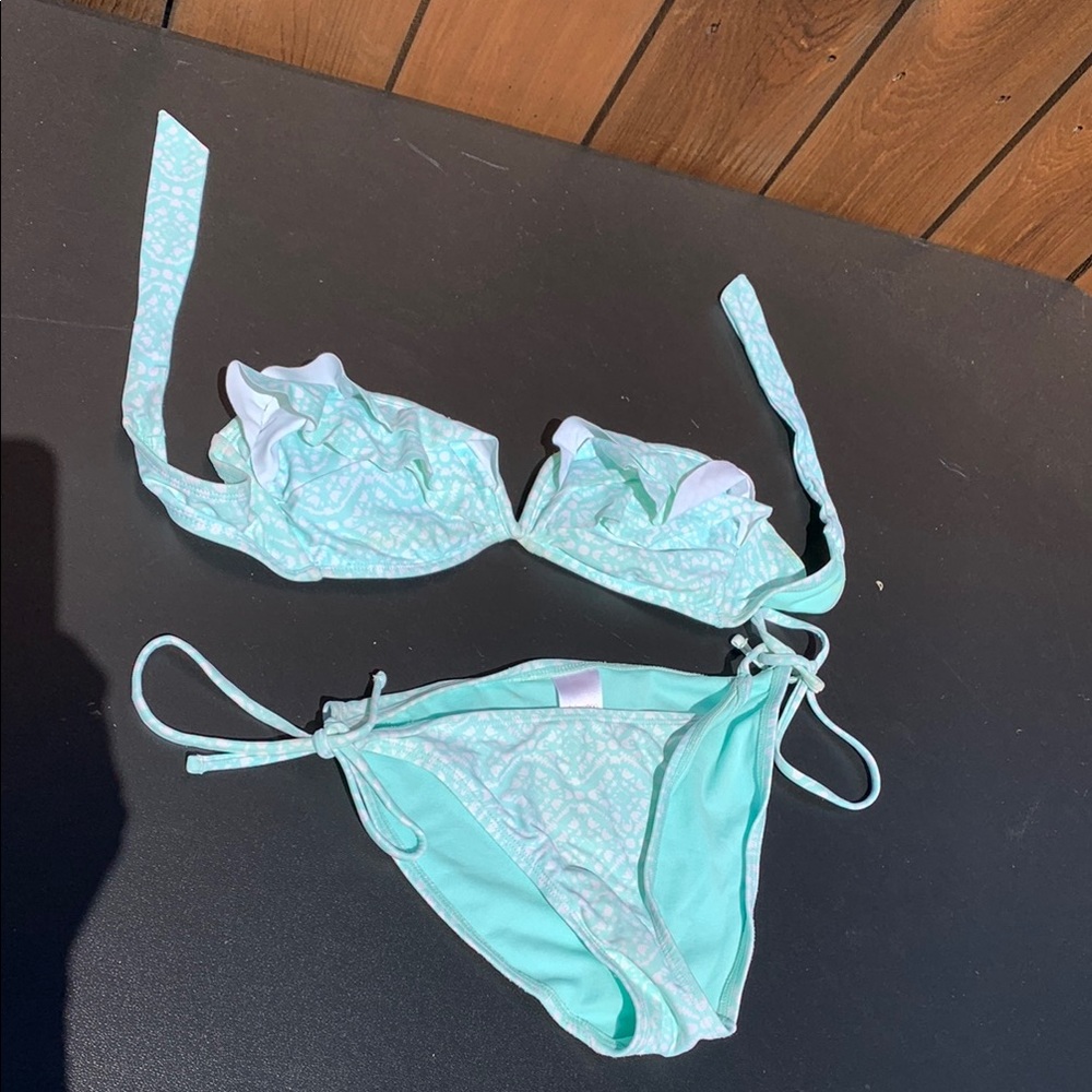 Mint Green Bikini Set Ruffled Strapless Top Tie String Bottom Size S